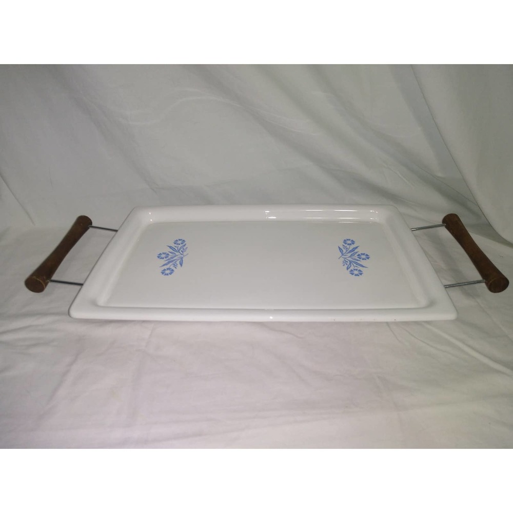 Corningware blue cornflower P-35-B baking tray and wooden/metal holder